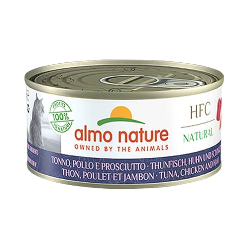 Almo Nature Cat HFC Tuna, Chicken, Ham konservi kaķiem Tuncis, vista, šķiņķis 150g